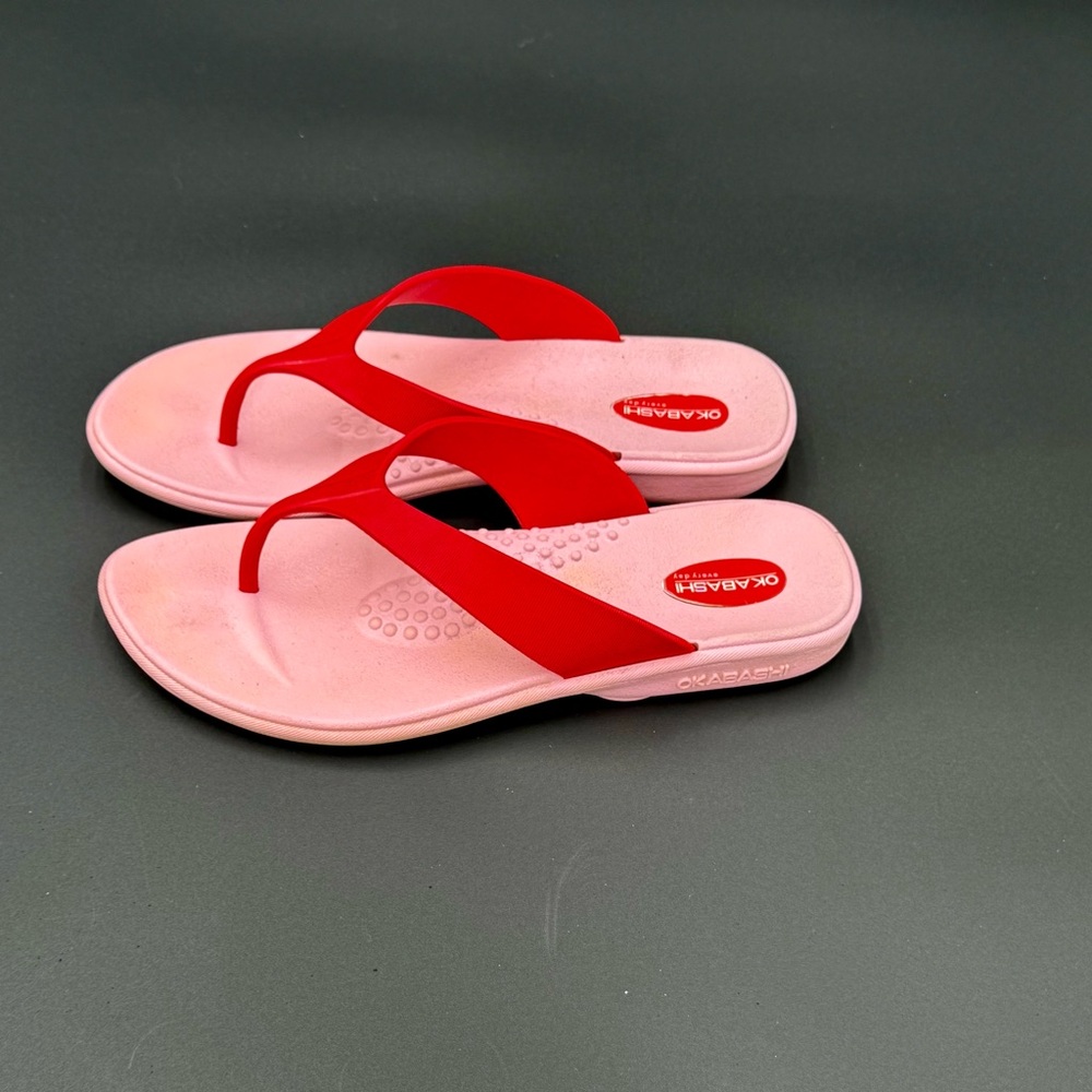 OKA b. Pink Footbed Red Straps Women’s Sandals